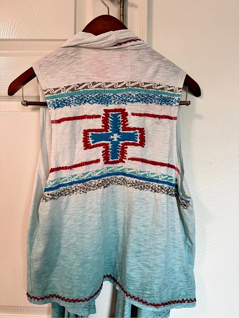 Double D Ranch Teal Ombre Southwestern Cross Duster Vest S/M